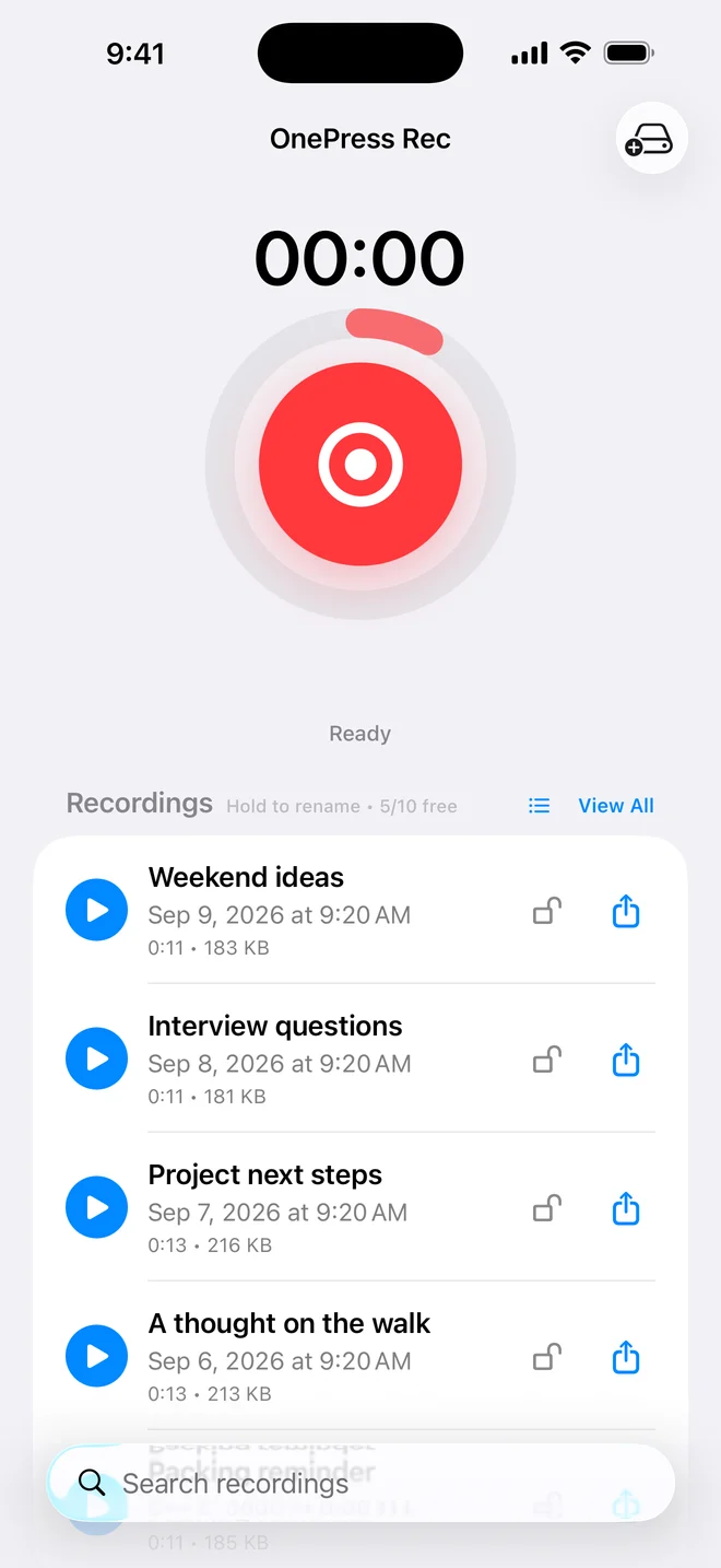 OnePress Rec one-tap recording screen