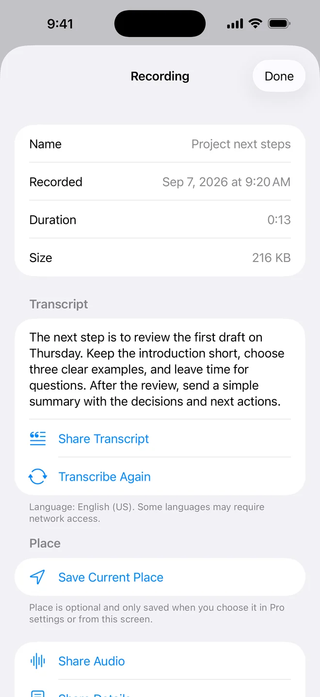 OnePress Rec Pro transcript and optional place details